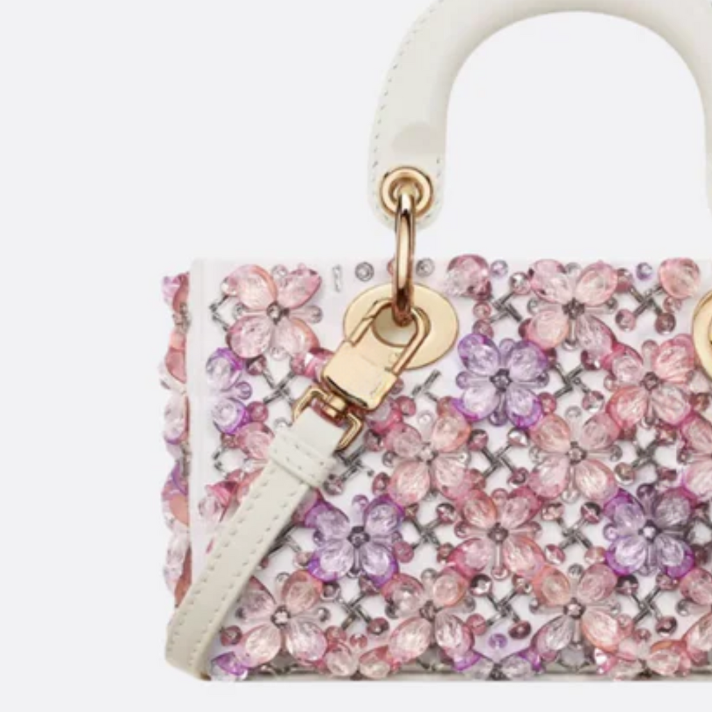 Lady Dj Micro Bag – White calfskin leather with pink floral embroidery & rhinestones