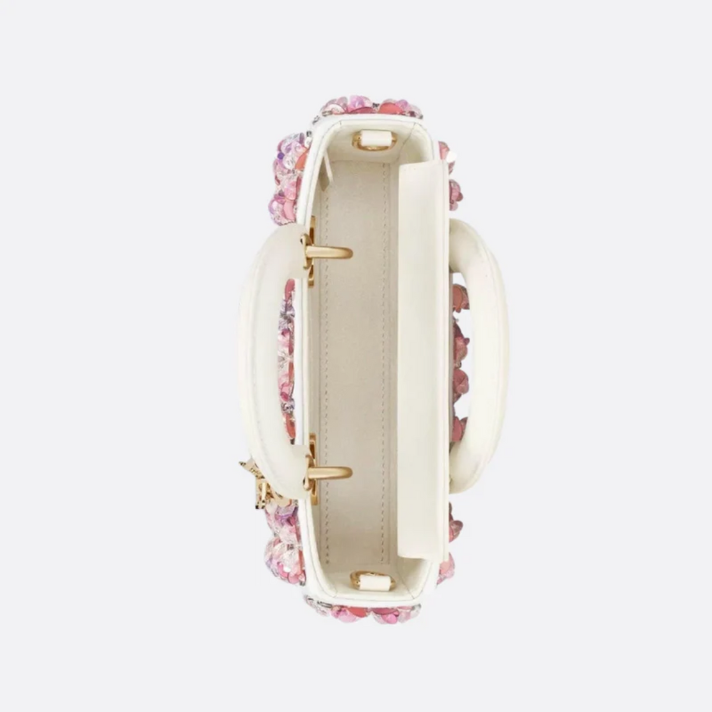 Lady Dj Micro Bag – White calfskin leather with pink floral embroidery & rhinestones