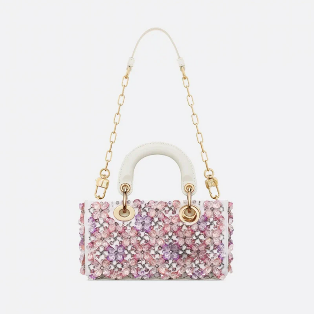 Lady Dj Micro Bag – White calfskin leather with pink floral embroidery & rhinestones